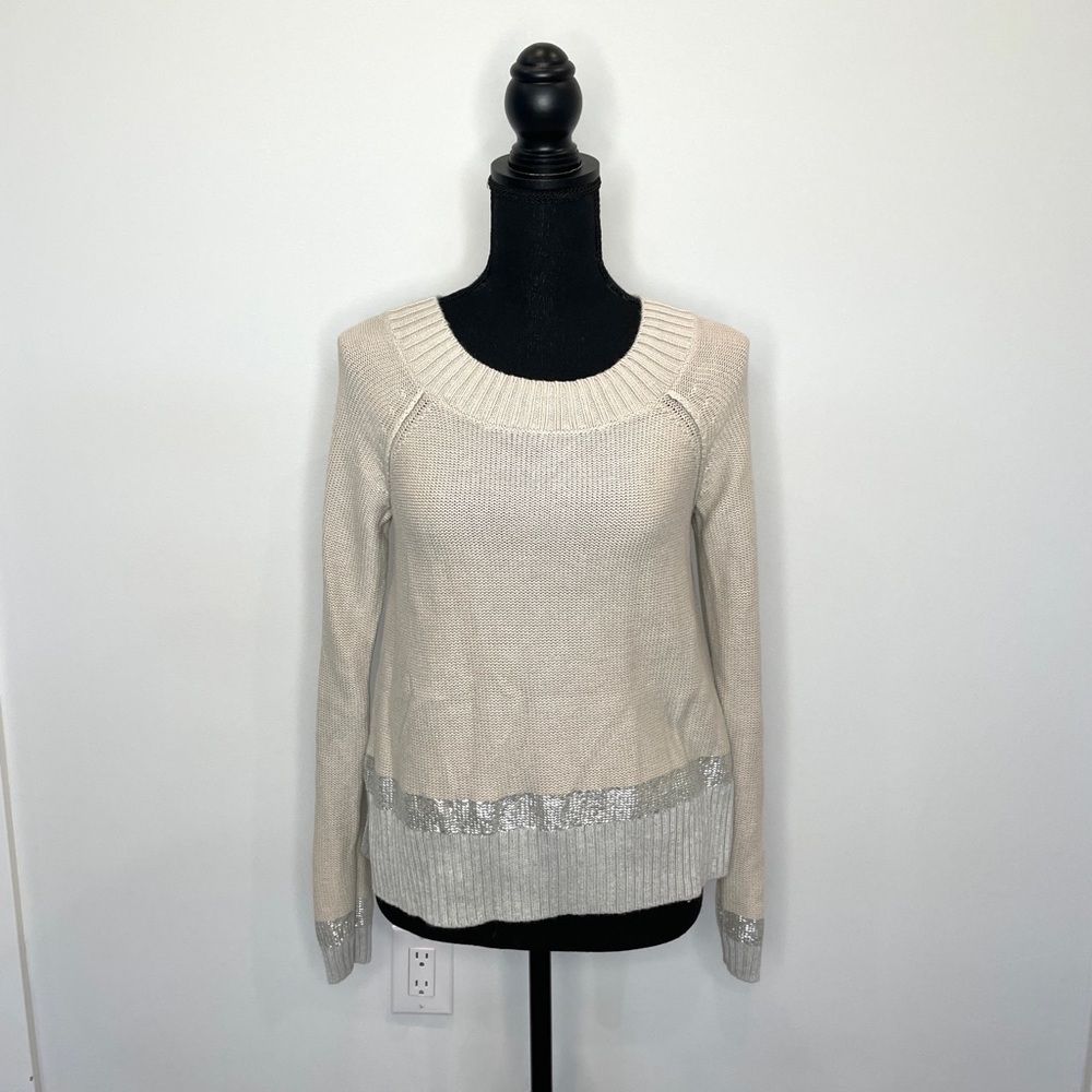 Express Women's Beige Knit Silver Edging Sweater